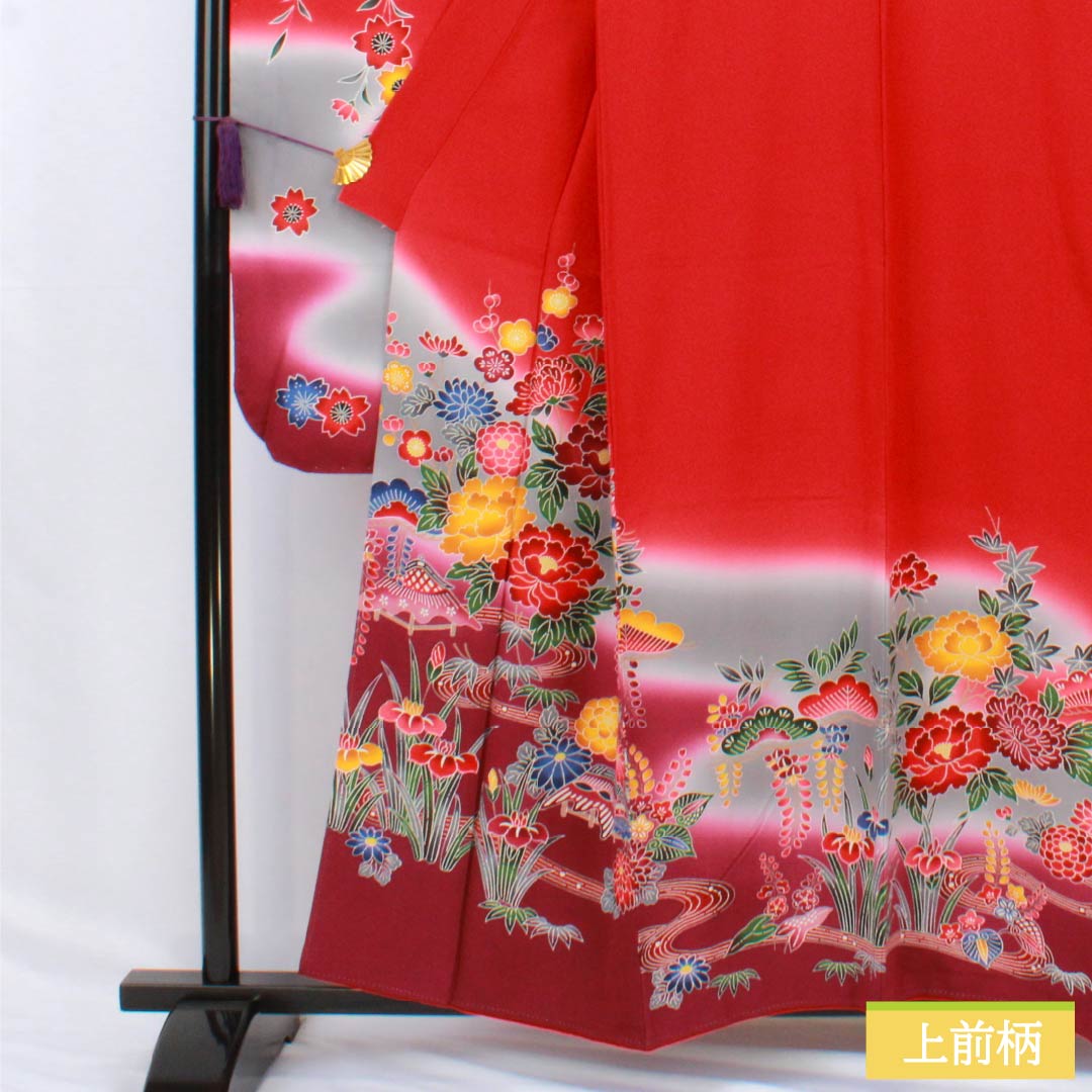 Furisode Pure Silk S Rank Length 157.5cm Sleeve-to-sleeve 65.5cm Lined Crimson Kyoto Bingata Auspicious Motifs Pine Cherry Red 1113002312312