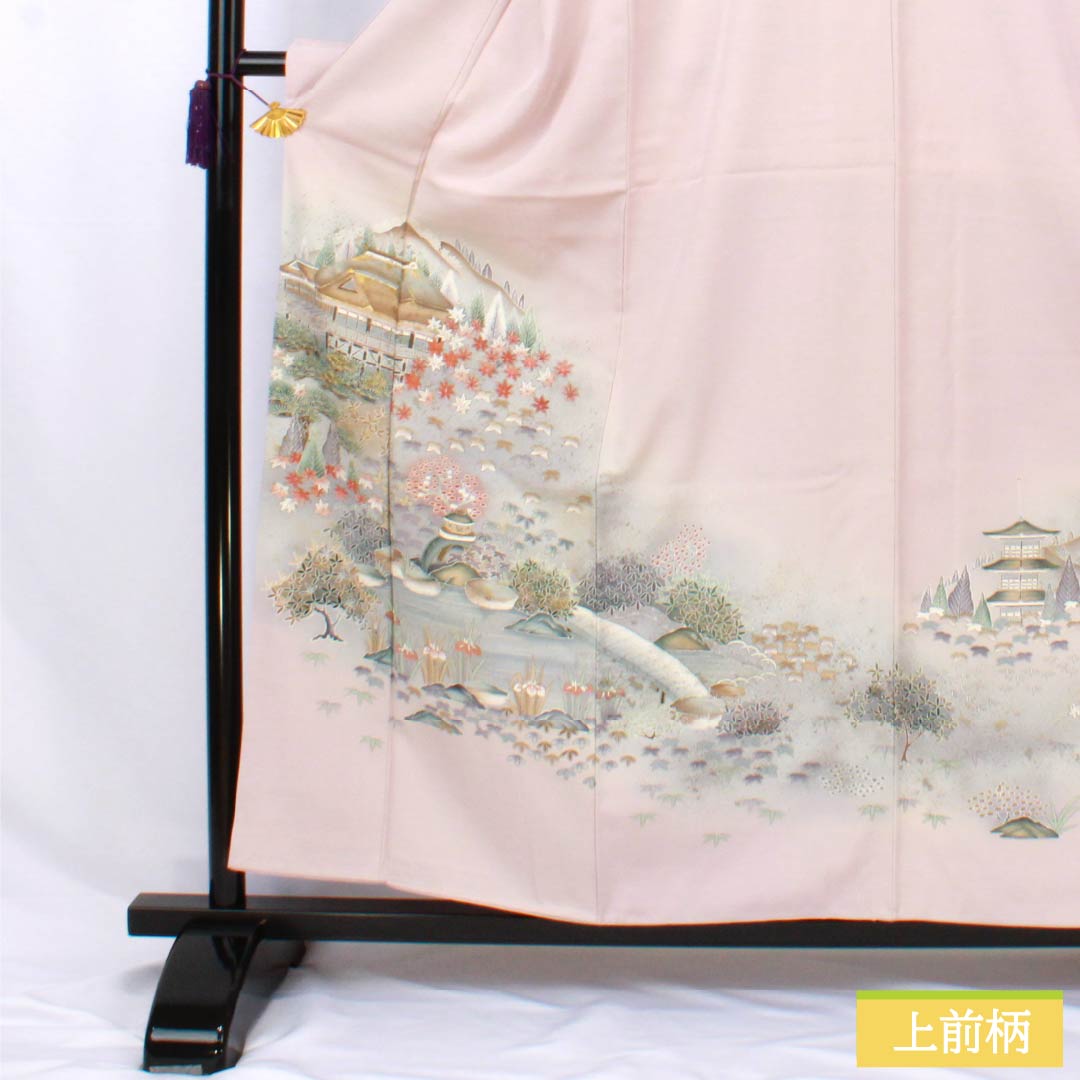 色留袖 正絹 Aランク 身丈157.5cm 裄丈62cm 袷 桜色(さくらいろ) 一つ紋 下り藤 京友禅 風景模様 作家物 しつけ糸付き 一つ紋 ピンク系 1111002003313