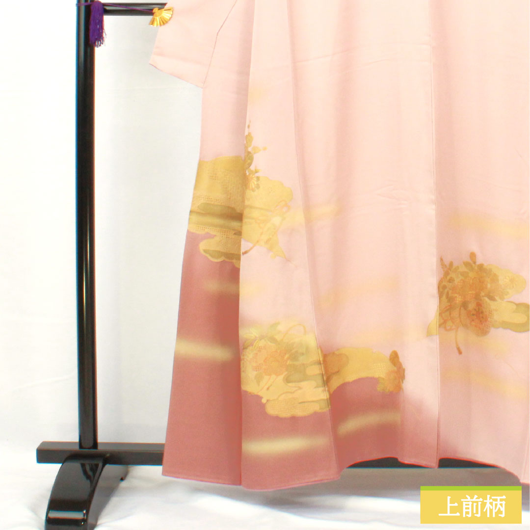 Homongi, pure silk, lined, length 156.5cm, sleeve length 62.5cm, modern colors, Kyoto Yuzen, Shantou embroidery, flower cart, S rank, pink, 1112004942313