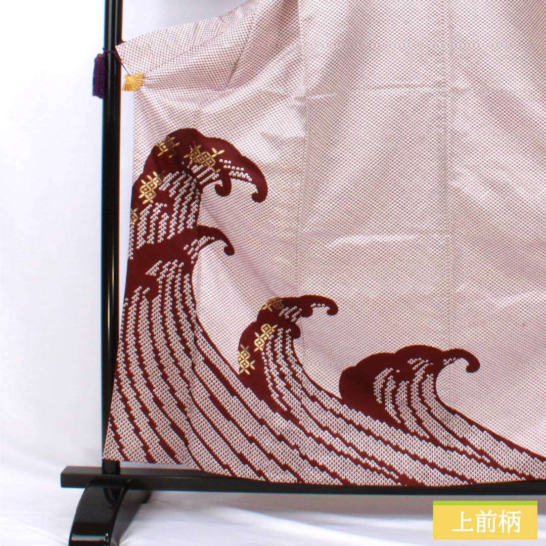 Homongi (visiting kimono), polyester, grade A, single layer, length 162cm, sleeve length 66.5cm, mokuranjiki (mokuran-jiki) pattern with wave design, shippo (cloisonne) pattern, with half-collar, washable, red, product number 1112006963412
