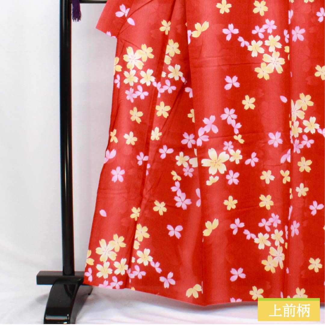 Cotton Yukata, Length 162cm, Sleeve Length 67.5cm, S Rank, Single Layer, Vermilion, Cinnabar, Cherry Blossom Design, 1118006512416