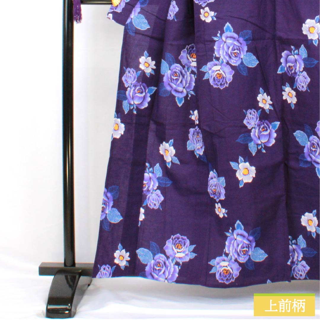 浴衣 木綿 身丈160.5cm 裄丈62cm Sランク 単衣 紫系 紫紺色(しこんいろ) 薔薇 1118005342420