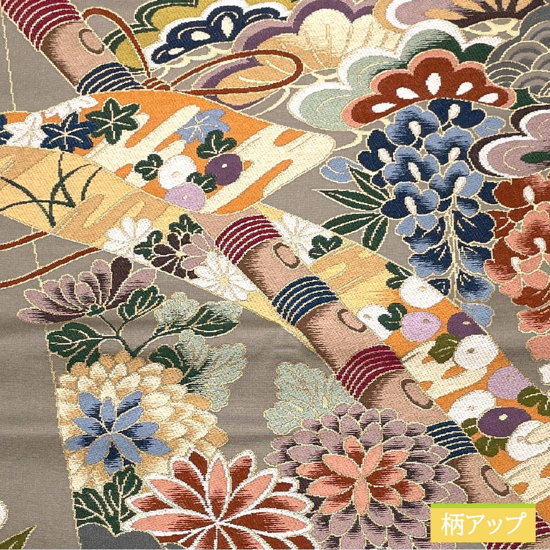 Pure silk obi in a charcoal gray color, by Hakuryoen Oba, featuring a flute and shippo details. Suitable for furisode kimono. Length: 436cm. S-rank. Six-fold obi. Formal wear. Gray. Product number: 1123014372322