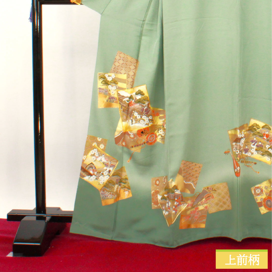 Colored Tomesode, pure silk, length 164.5cm, sleeve length 64.5cm, lined, celadon color, Kyoto Yuzen, period picture scroll pattern, circle with swallowtail butterfly, three crests, with basting thread, unused, S rank, three crests, green, 1111001212419