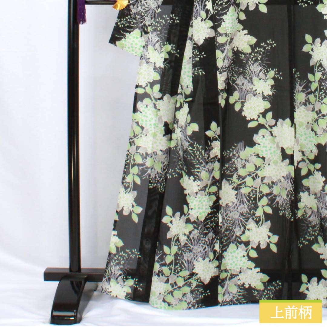 Summer kimono, polyester, small pattern, length 167cm, sleeve length 63.5cm, hydrangea, iris, washable kimono, silk, A rank, black, 1132002283510