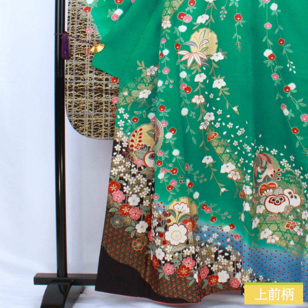 振袖 正絹 Aランク 身丈161cm 裄丈63.5cm 袷 真鴨色(まかもいろ) 吉祥文様 鳳凰 梅 桜 橘 緑系 1113002253419