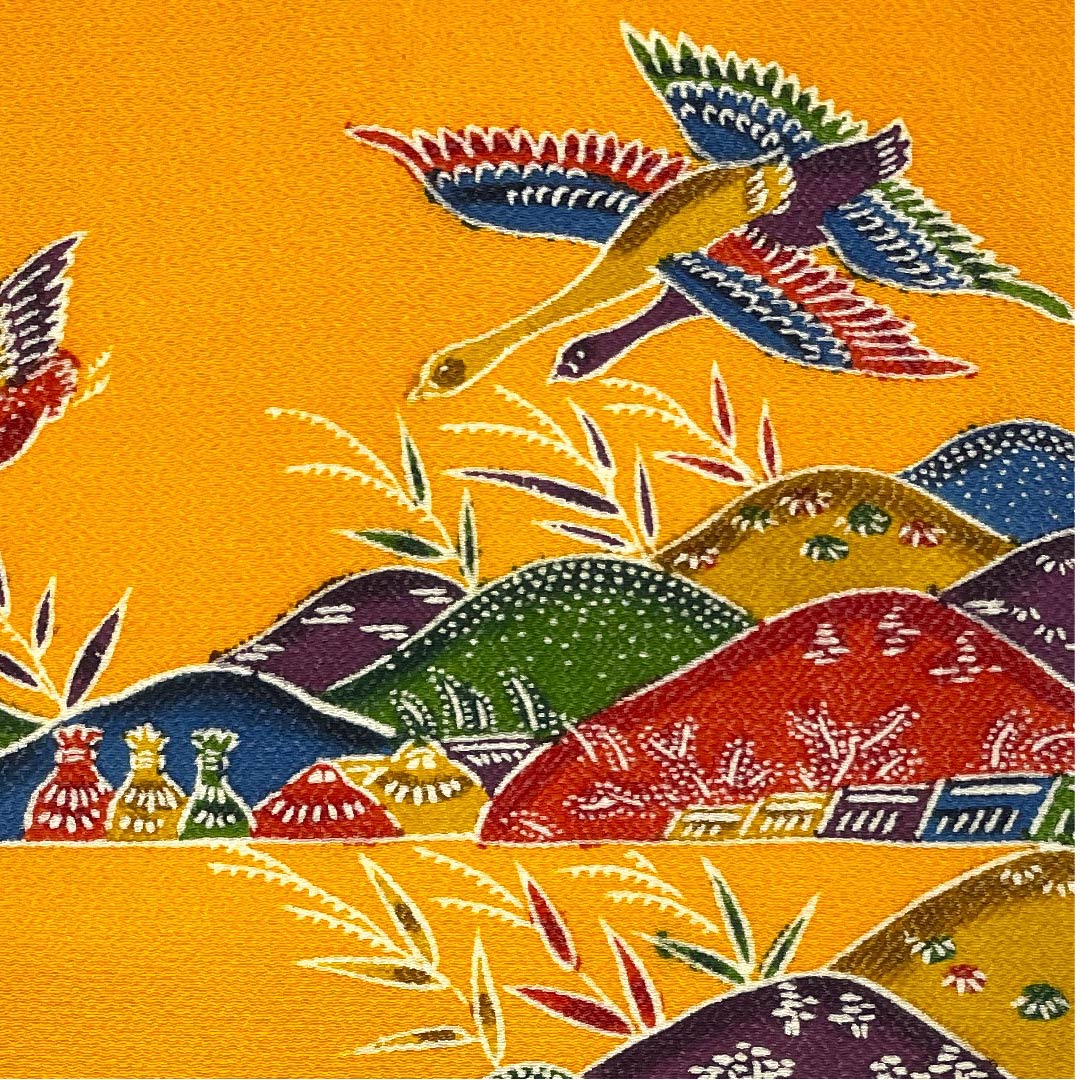 Nagoya obi, orange, Satoyama landscape, bird, crepe, obi length 381cm, pure silk, A rank, point pattern, casual, yellow, 1124004363323, Nagoya style