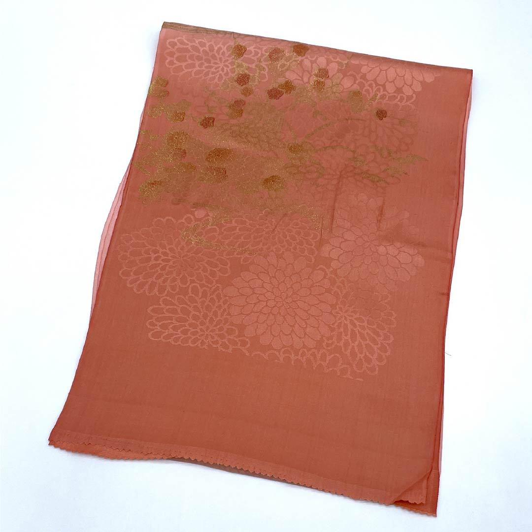 Semi-formal silk obiage (sash), S rank, coral and dawn colors, featuring chrysanthemums, approximately 171cm long and 30cm wide, pink. Product number: 1136002352913
