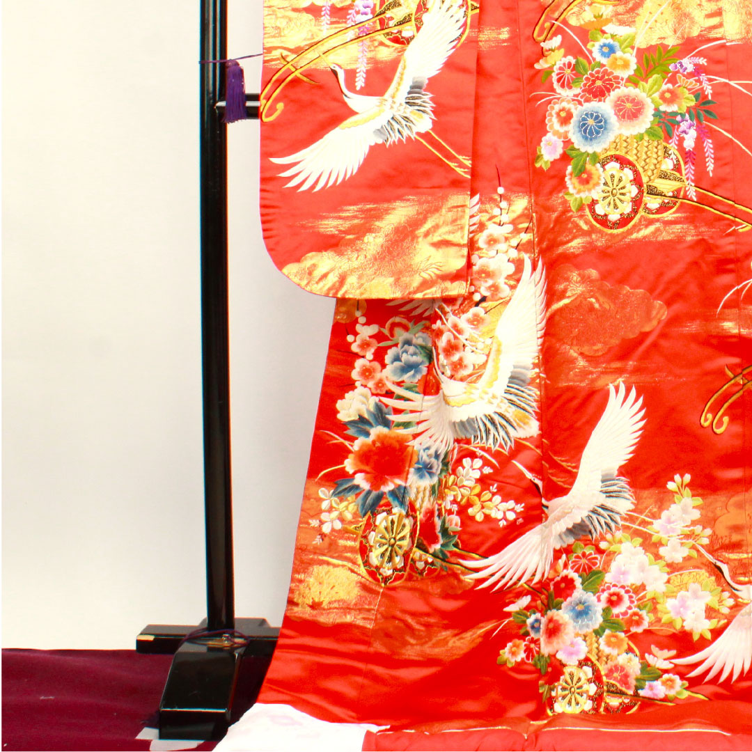 色打掛 身丈185cm 緋色 刺繡 花車 鶴 正絹 Bランク 袷 朱系 1110000264916