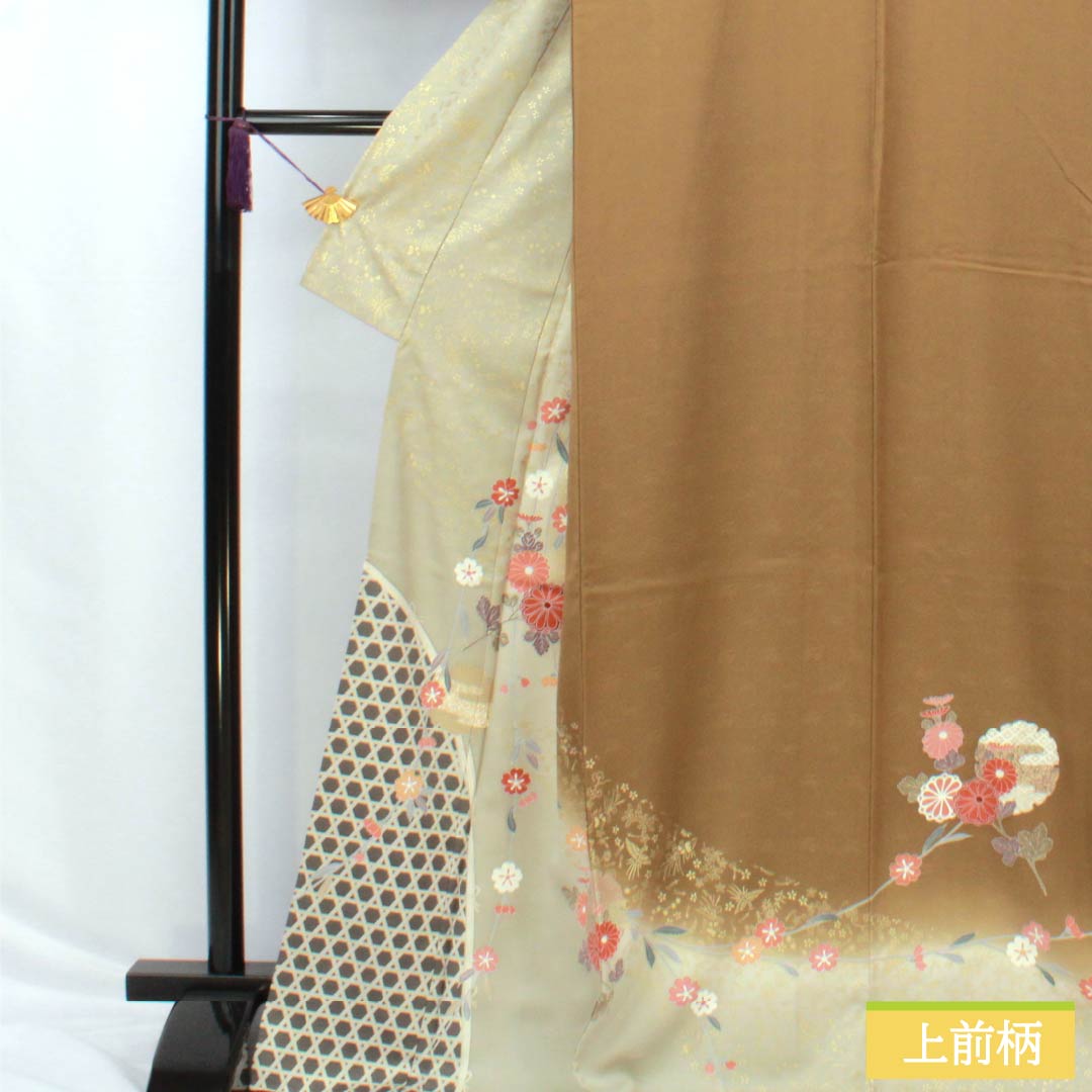 訪問着 正絹 Sランク 袷 身丈169cm 裄丈68cm 糞色(ばばいろ) 京友禅 竹垣 花 橙系 1112006492526