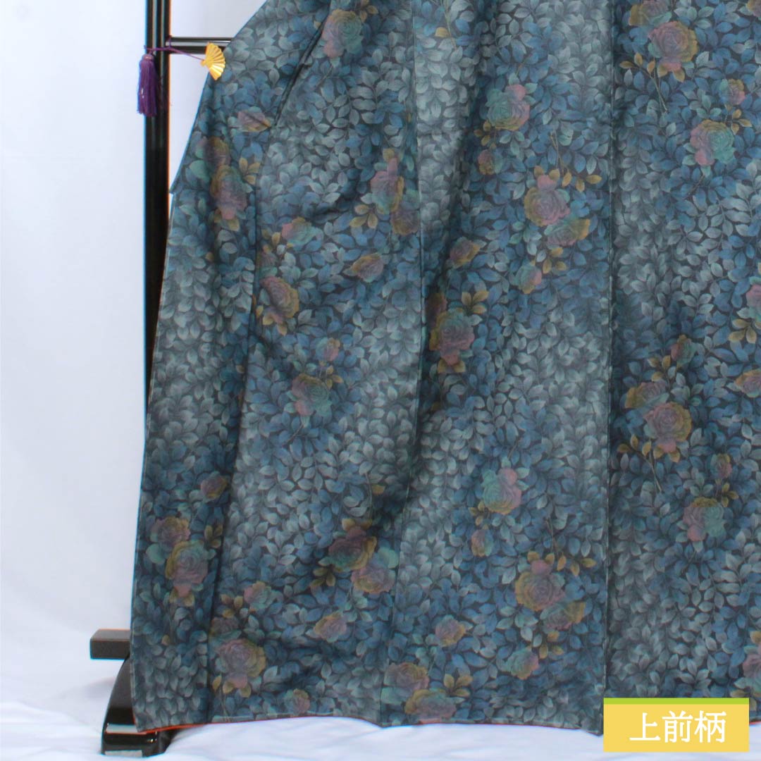 Pure silk tsumugi (pongee) kimono, Grade A, length 171.5cm, sleeve length 68cm, navy blue, rose and leaf motifs, basting thread included, lined, navy blue, product number 1116004373618
