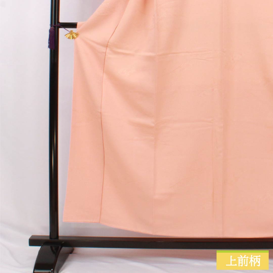 Solid-colored silk kimono, S-rank, length 155.5cm, sleeve length 59.5cm, salmon-colored, single crest, orange and abstract pattern, lined, pink, product number 1114002502313