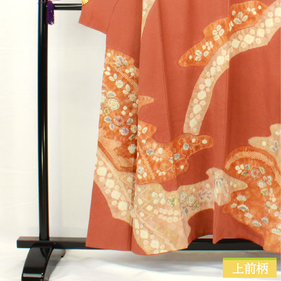 Homongi, pure silk, lined, length 154.5cm, sleeve length 62.5cm, sparrow color, Kyo-Yuzen, Tsujigahana, A rank, brown, 1112005273214