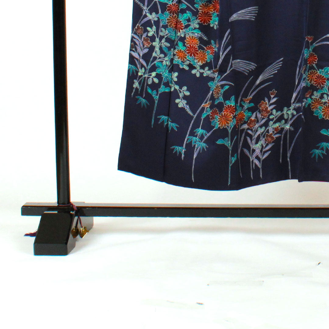 訪問着 袷 身丈150cm 裄丈59.5cm 四季の花 正絹 Aランク 紺系 1112001083118