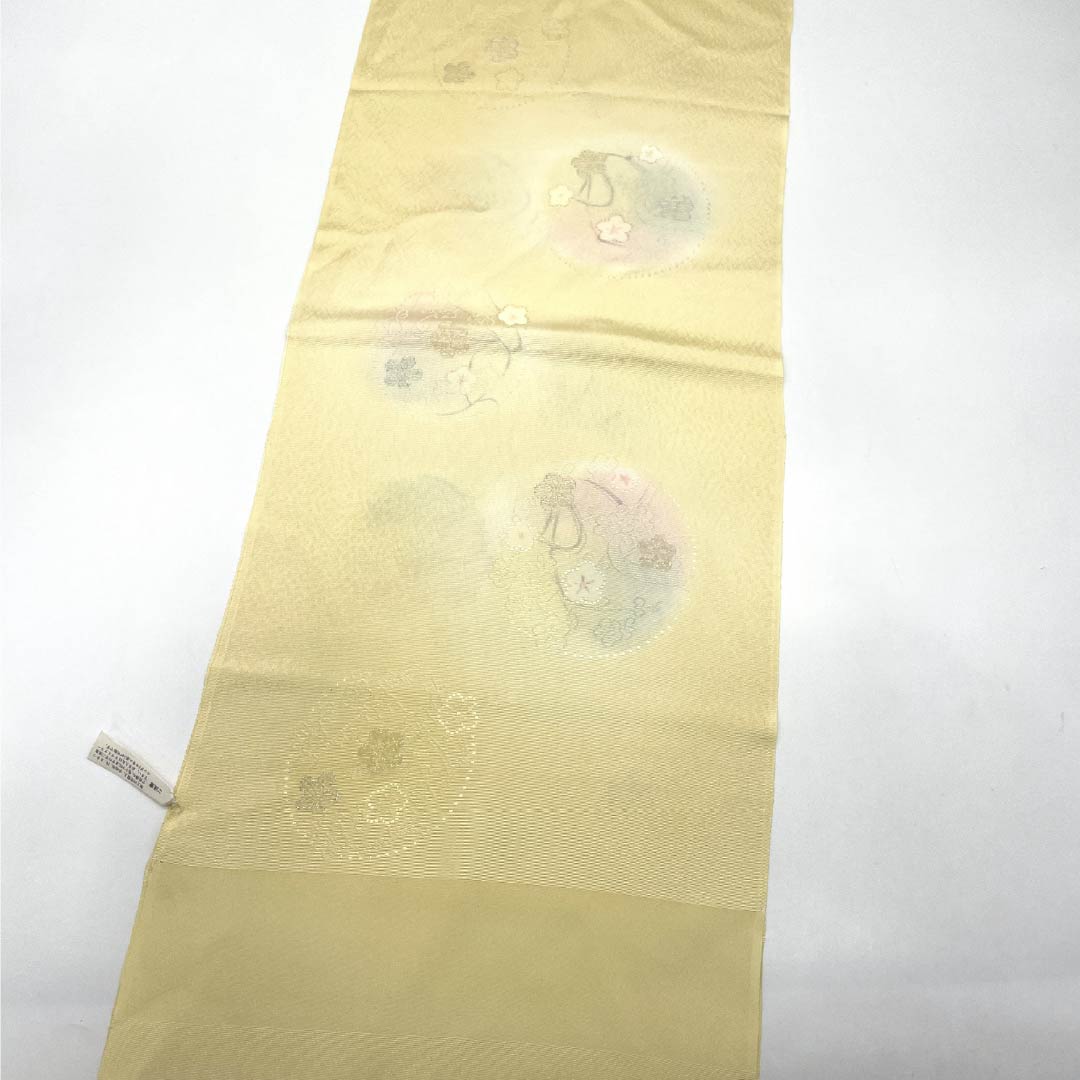 帯揚げ 正絹 Sランク セミフォーマル 薄卵色(うすたまごいろ) 花丸文 梅 長さ約178cm 幅約31cm 黄系 1136002732923
