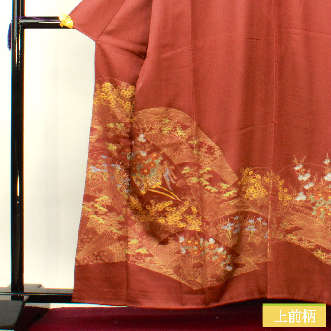 Homongi, pure silk, lined, length 161cm, sleeve length 63cm, azuki color, Kyo-Yuzen, flower cart, auspicious motif, S rank, red, 1112004302412