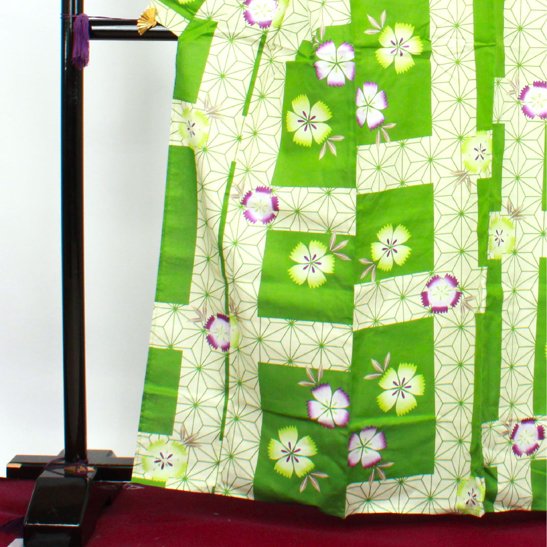 Yukata, Evergreen, Pink, Asanoha, Cotton, S Rank, Single Layer, Length 165.5cm, Sleeve Length 66cm, Green, 1118002722519