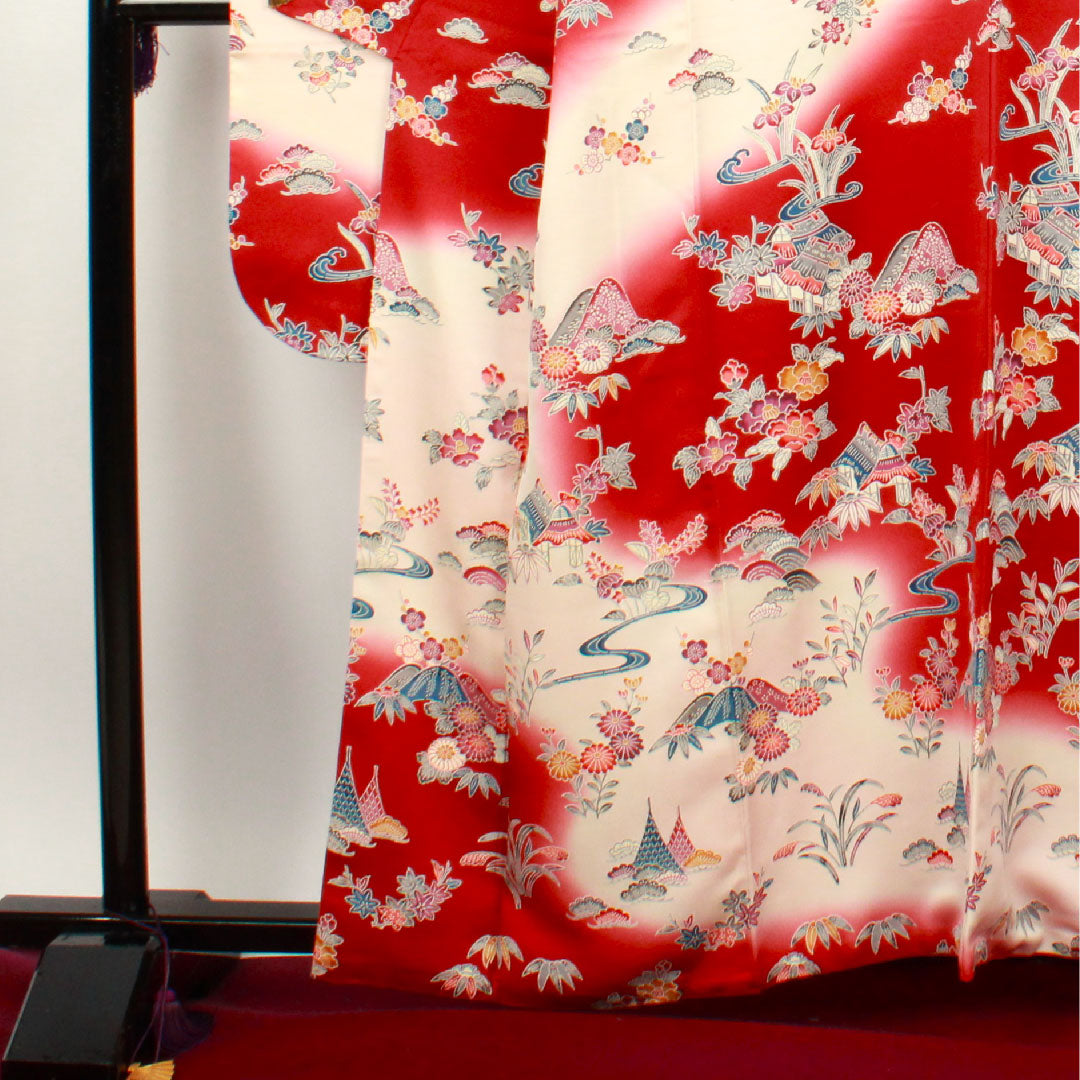 振袖 身丈161.5cm 裄丈64cm 袷 葡萄茶色 薄桜色 型染 茶屋辻 松竹梅 正絹 Aランク 赤系 1113000913412