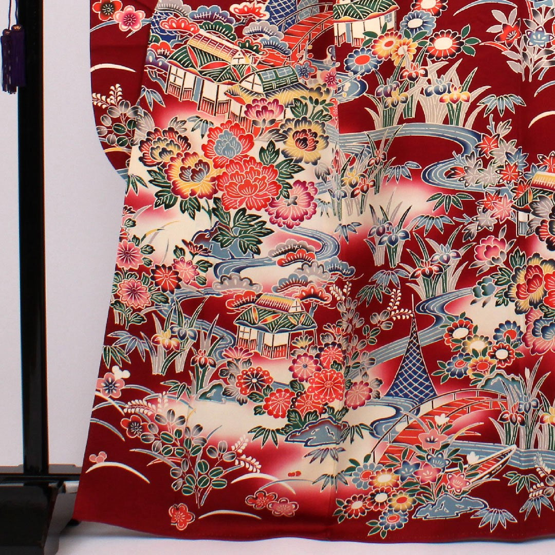Long-sleeved kimono, length 167cm, sleeve length 66cm, lined, Kyoto Bingata, Chayatsuji pattern, pure silk, A rank, red, 1113000103512