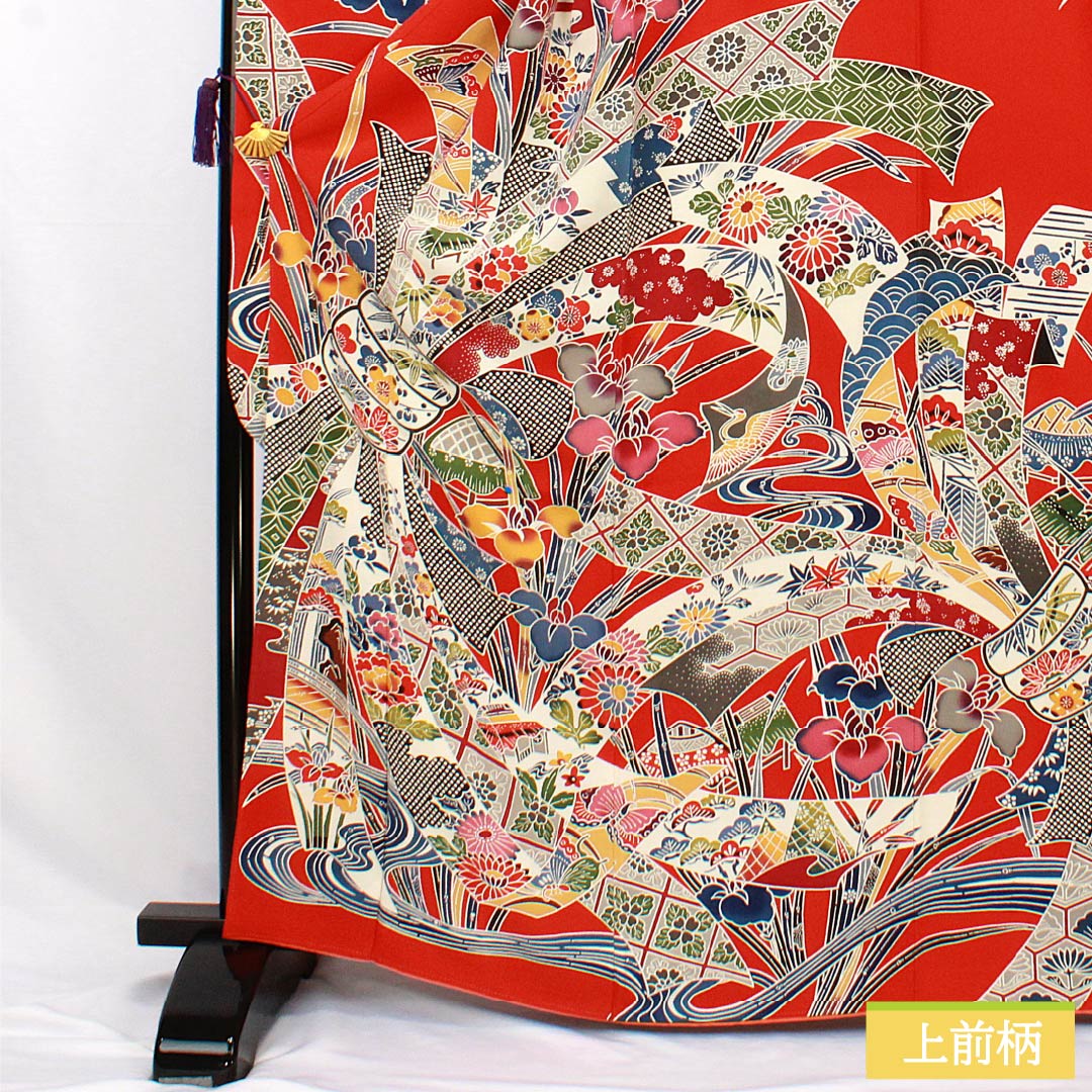 Furisode (long-sleeved kimono) made of pure silk, S-rank, length 166cm, sleeve length 67cm, lined, red, Kyoto Bingata pattern, with a bundled noshi (gift tag) and red crepe fabric, product number 1113002412512