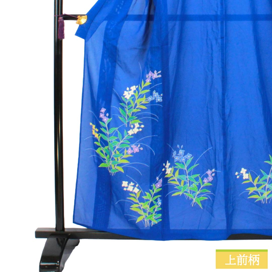 Summer Silk Homongi A-Rank, Length 157.5cm, Sleeve-to-Sleeve 64cm, Lapis Lazuli, Tsukesage, Floral Pattern, Kyo-Yuzen, Ro, Blue, 1132003753317