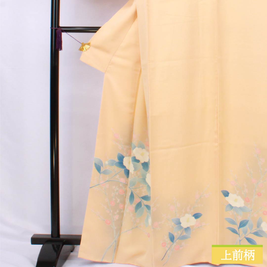 Visiting Kimono, Pure Silk, Grade A, Lined, Length 166.5cm, Sleeve Length 62.5cm, Light Persimmon, Kyoto Yuzen, Camellia, Orange, Item Number 1112006363526