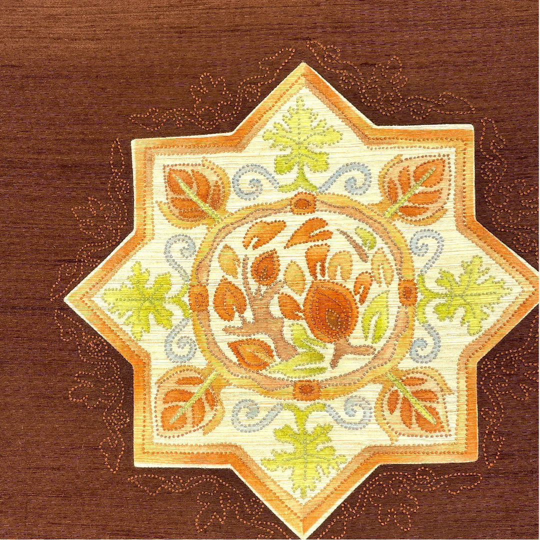 名古屋帯 相良刺繍 抽象華模様 帯丈357cm 正絹 Sランク ポイント柄 カジュアル 茶系 1124001412314 名古屋仕立て