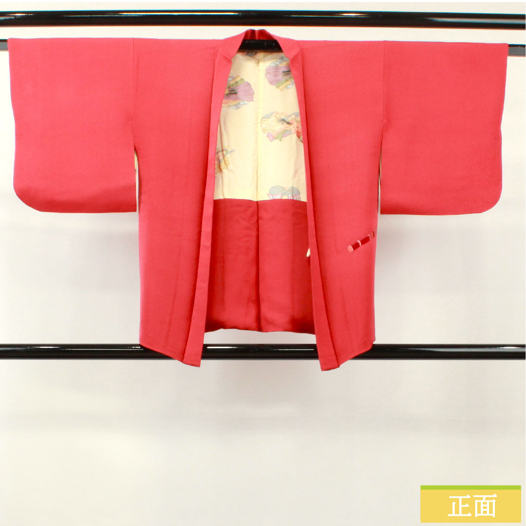 Haori (Japanese traditional coat) made of pure silk, length 74cm, sleeve length 61cm, crimson silk (momiiro), embroidery, A rank, lined, red, 1117000983912