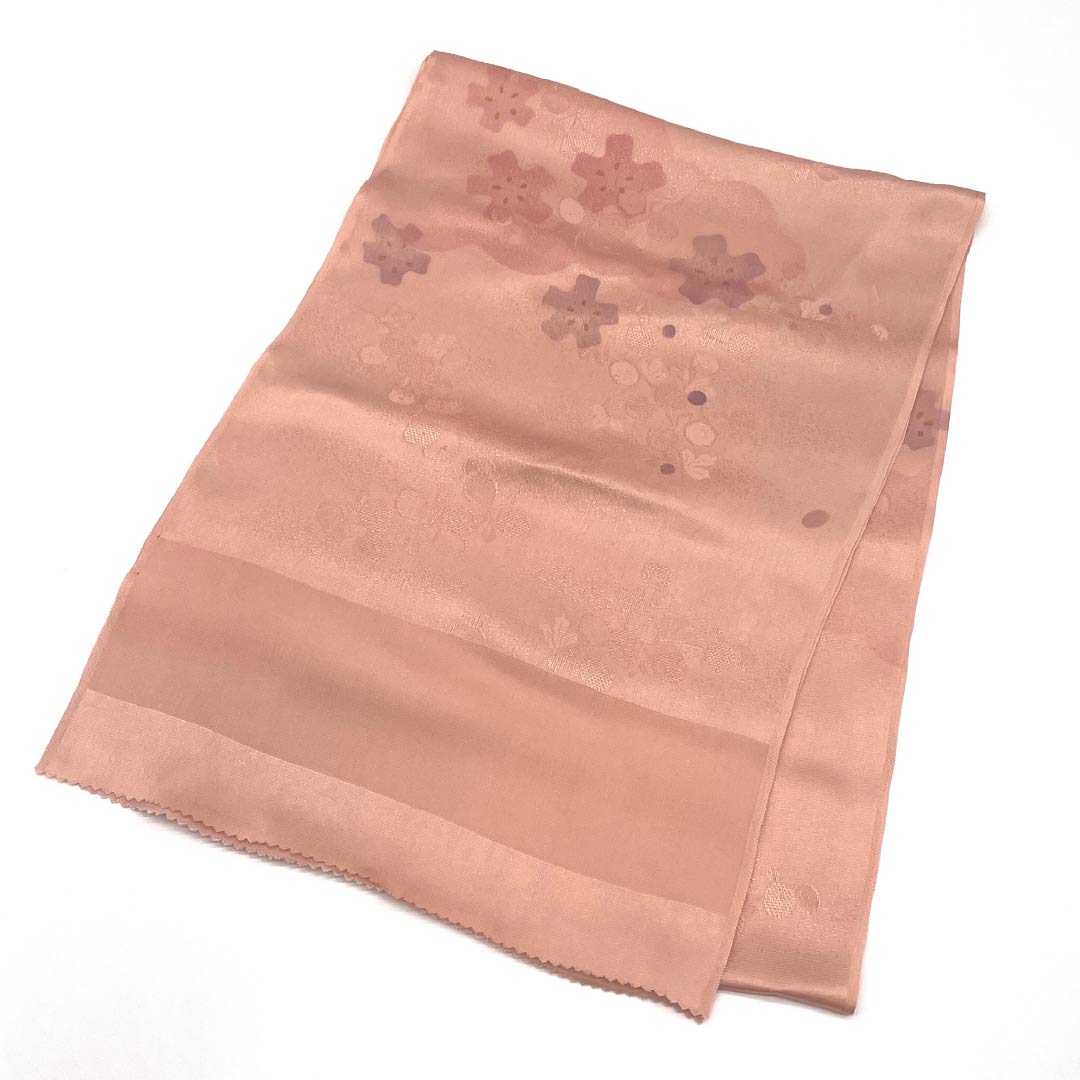 Semi-formal silk obiage (sash), S-rank, Shinonome-iro (Shinonome color), featuring a classic floral pattern, approximately 172cm long and 29.5cm wide, in pink. Product code: 1136002042913