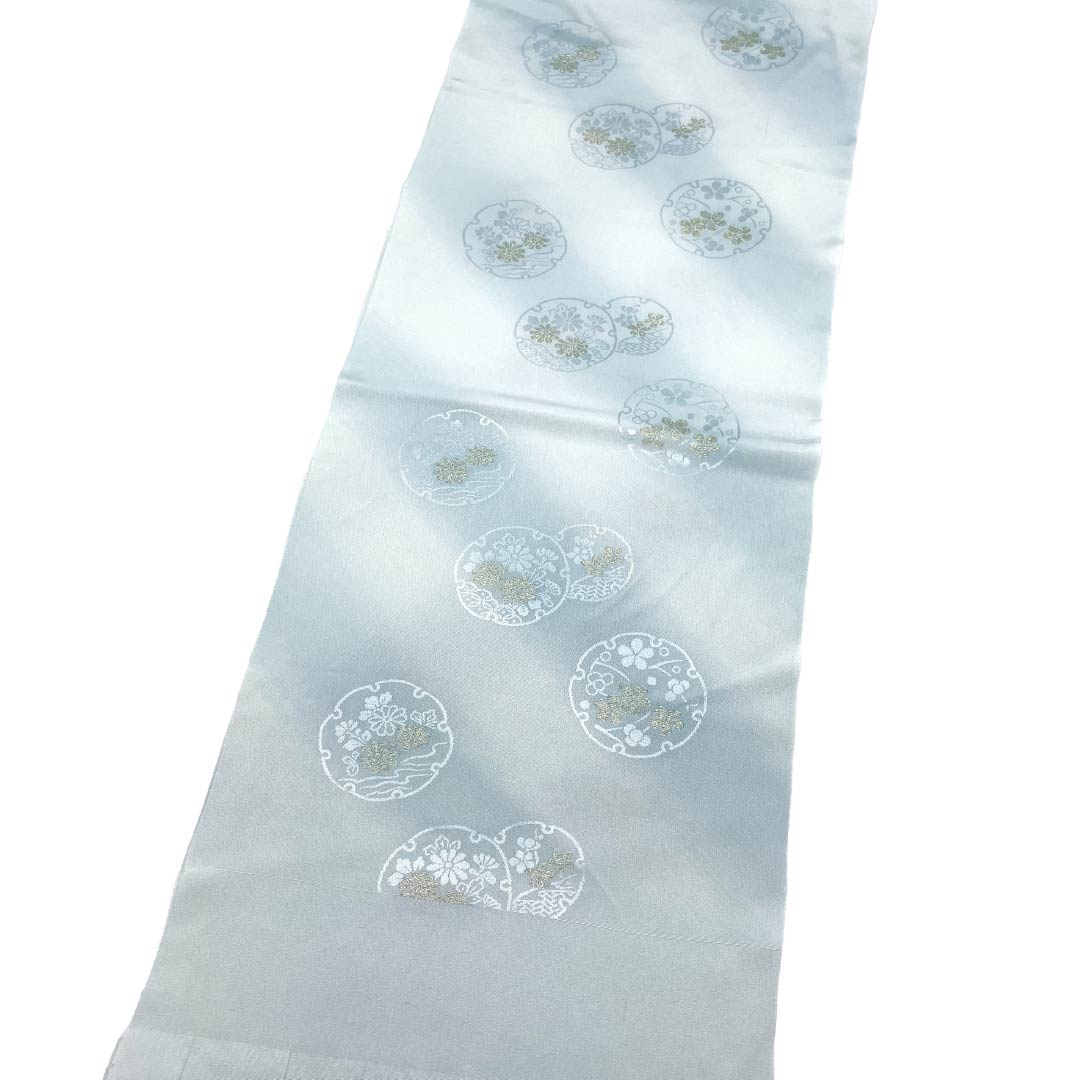 帯揚げ 正絹 Sランク セミフォーマル 青白磁色(せいはくじいろ) ぼかし 雪輪 花 長さ約180cm 幅約30cm 水色系 1136004812924