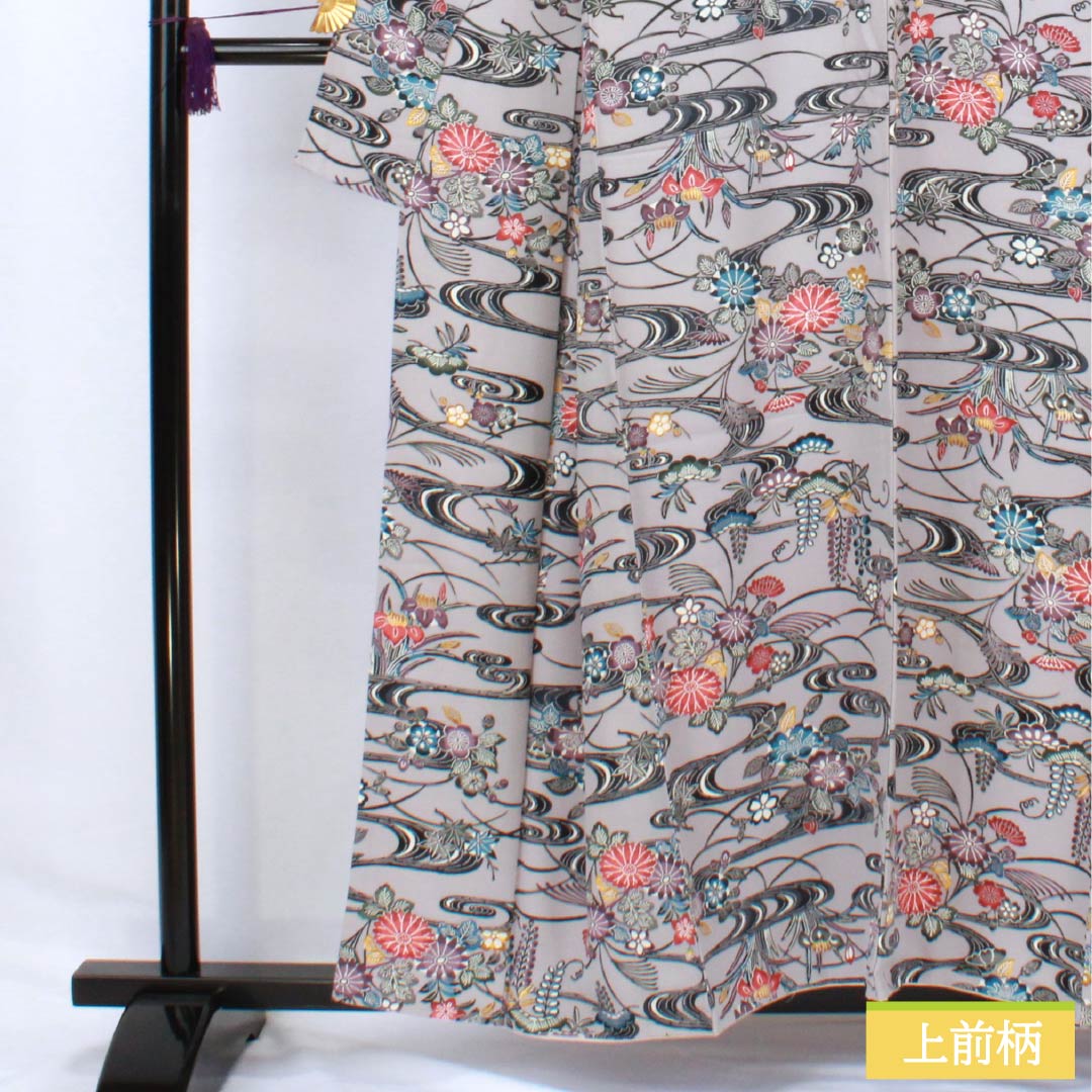 Komon silk, A-rank, length 157.5cm, sleeve length 62.5cm, lined, light ink color (usuzumiiro), Kyoto Bingata pattern, flowing water and floral pattern, gray tones, product number 1115006373322