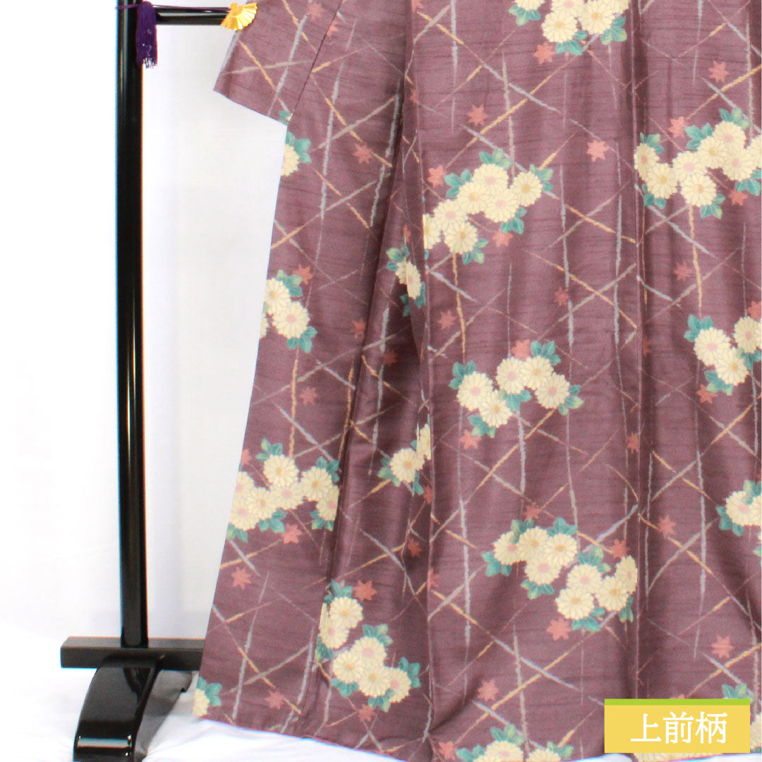 Small pattern, polyester, length 167.5cm, sleeve length 67cm, lined, poppy purple, washable kimono, chrysanthemum, S rank, purple, 1115004592520