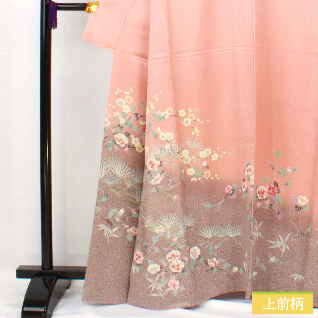 訪問着 正絹 袷 身丈163.5cm 裄丈64.5cm 浅紅色(あさべにいろ) 京友禅 松竹梅 椿 Aランク ピンク系 1112005543413