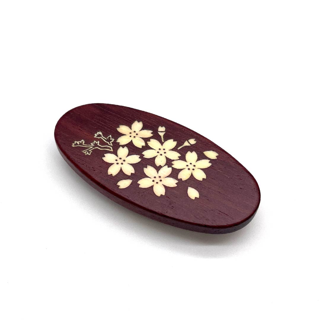 (New old stock) Obi clasp, wood carving, casual, azuki brown, cherry blossom, length approx. 3cm, width approx. 6cm, S rank, brown, 1137000512914
