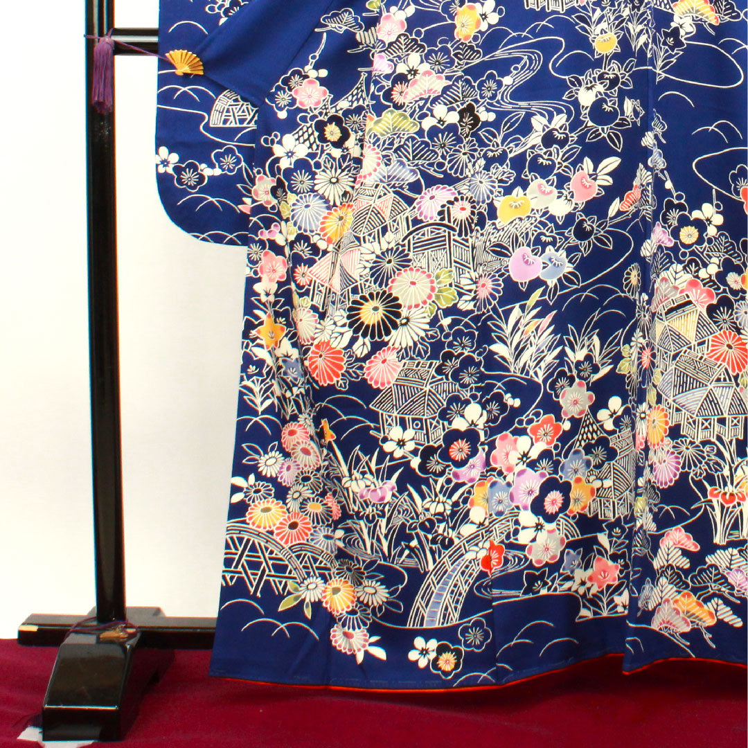 振袖 身丈161.5cm 裄丈64cm 袷 紺桔梗色 京紅型 松竹梅 菊 葵 正絹 Aランク 紺系 1113001593418