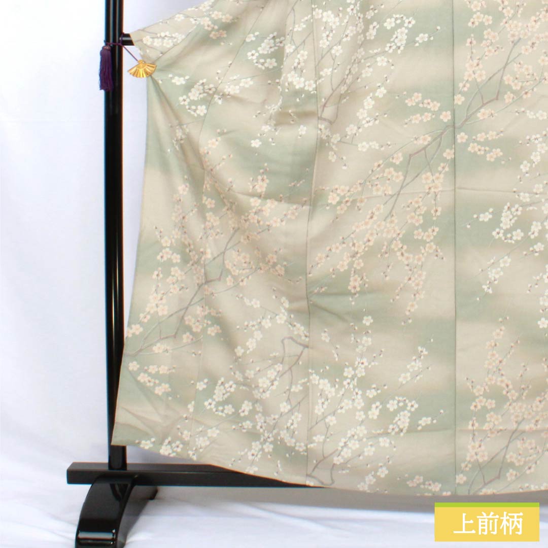 小紋 ポリエステル Sランク 身丈161cm 裄丈66cm 単衣 遠州鼠色(えんしゅうねずいろ) 型染 ぼかし染 桜 洗える着物 ベージュ系 1115007802425