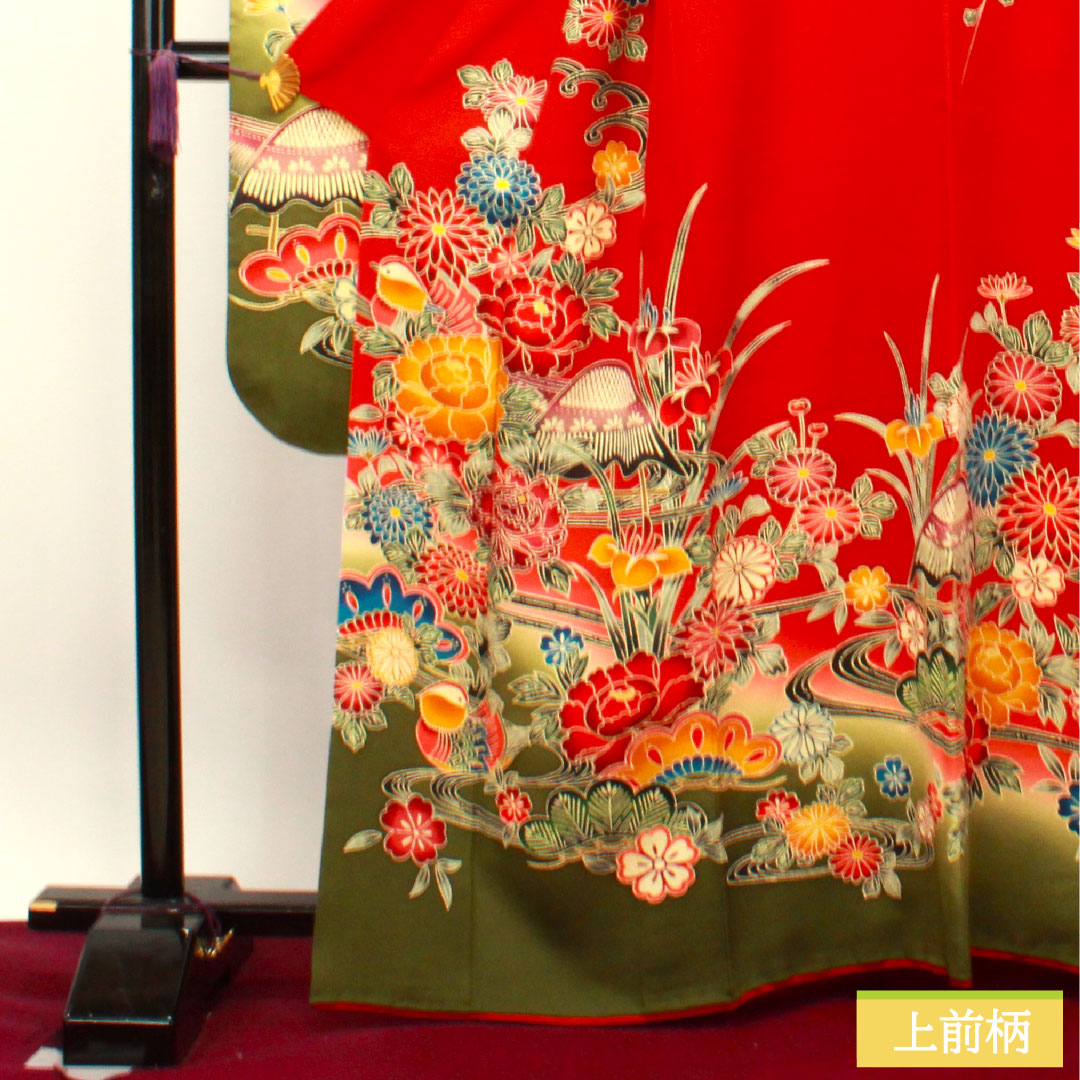 Furisode, pure silk, length 163cm, sleeve length 66.5cm, lined, scarlet, Kyoto Bingata, auspicious motif, S rank, red, 1113001852412