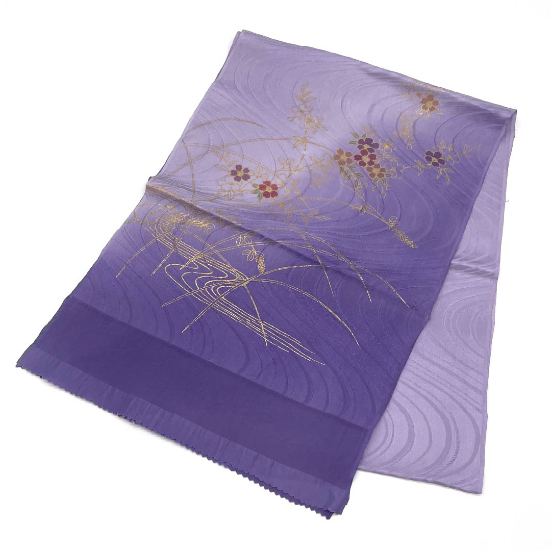 帯揚げ 正絹 Sランク セミフォーマル 薄藤色(うすふじいろ) 葡萄紫色(ぶどうむらさきいろ) 流水 花柄 長さ約180cm 幅約31cm 紫系 1136000972920