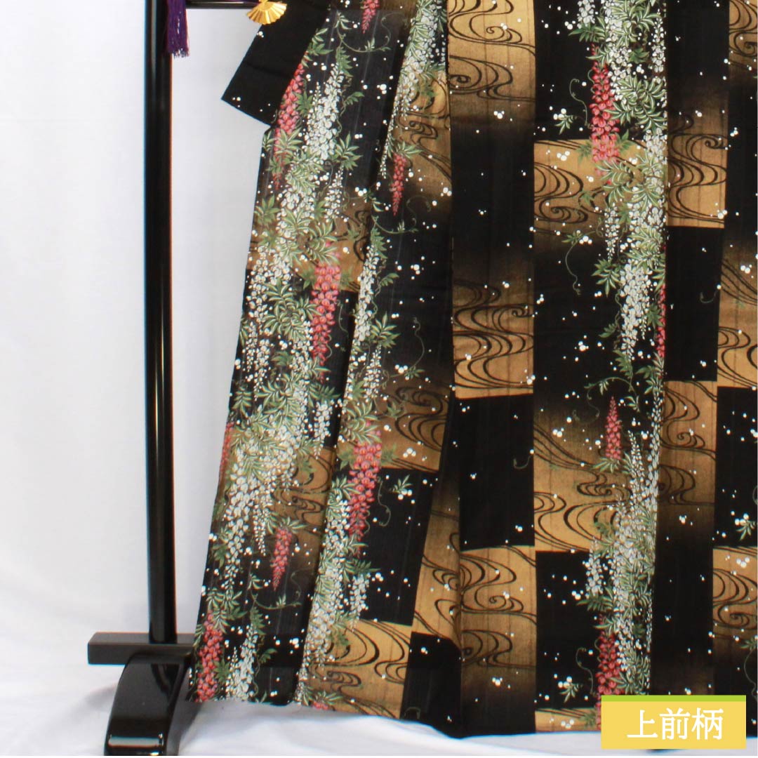 Cotton Yukata, Length 165.5cm, Sleeve Length 67cm, S Rank, Single Layer, Black, Tatero, Wisteria, Flowing Water, Checkered Pattern, 1118006532510
