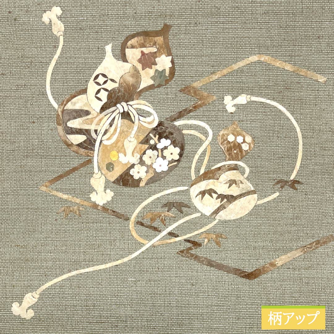 Nagoya obi, gray-green, artist's work, bagworm, spring, obi length 385cm, pure silk, S rank, point pattern, casual, green, 1124007062419, pine needle style