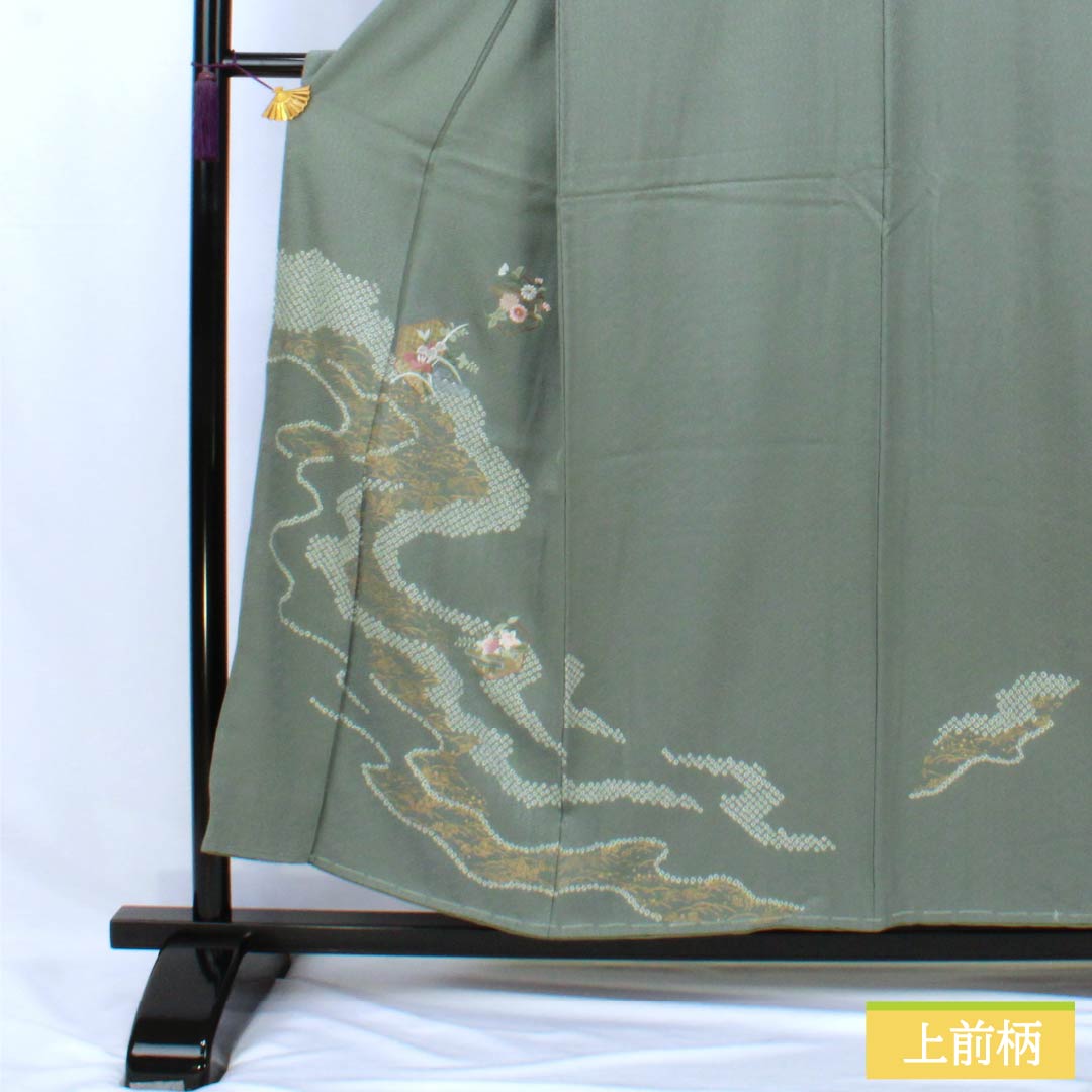 訪問着 正絹 Sランク 袷 身丈153.5cm 裄丈62.5cm 深川鼠色(ふかがわねずいろ) 絞り 蘇州刺繡 紗綾形 流水 小花 緑系 1112007112219