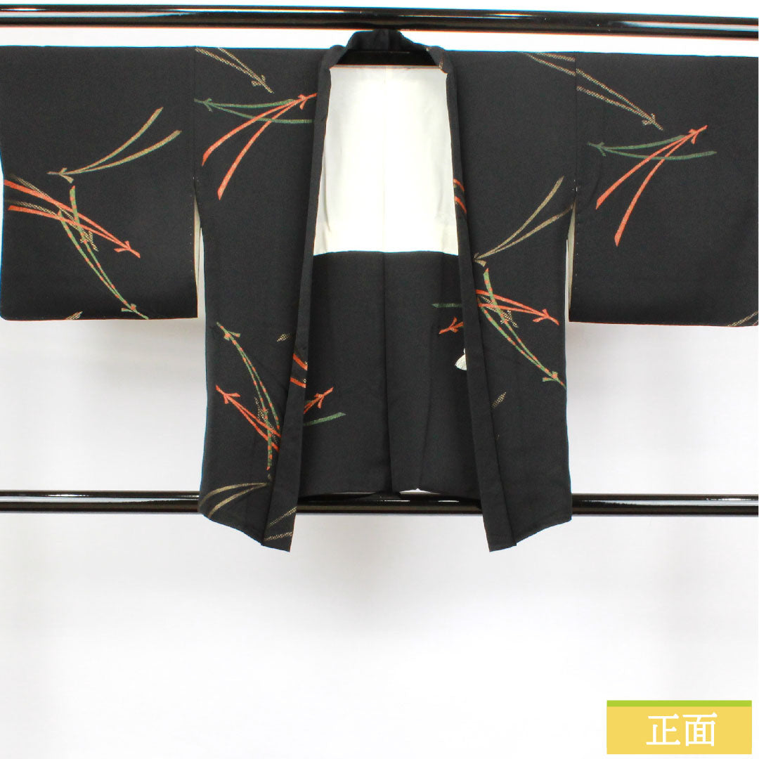Haori, pure silk, length 78cm, sleeve length 63.5cm, black haori, pine needles, one crest, bellflower and three scales, S rank, lined, black, 1117000822910