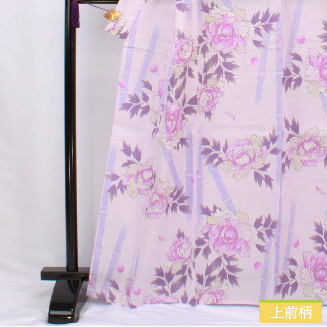 Cotton Yukata, Length 166cm, Sleeve Length 67.5cm, A-Rank, Single-Layer, Purple with Light Wisteria (Usu-Fujiiro), Peony and Bamboo Design, Product Number: 1118006053520