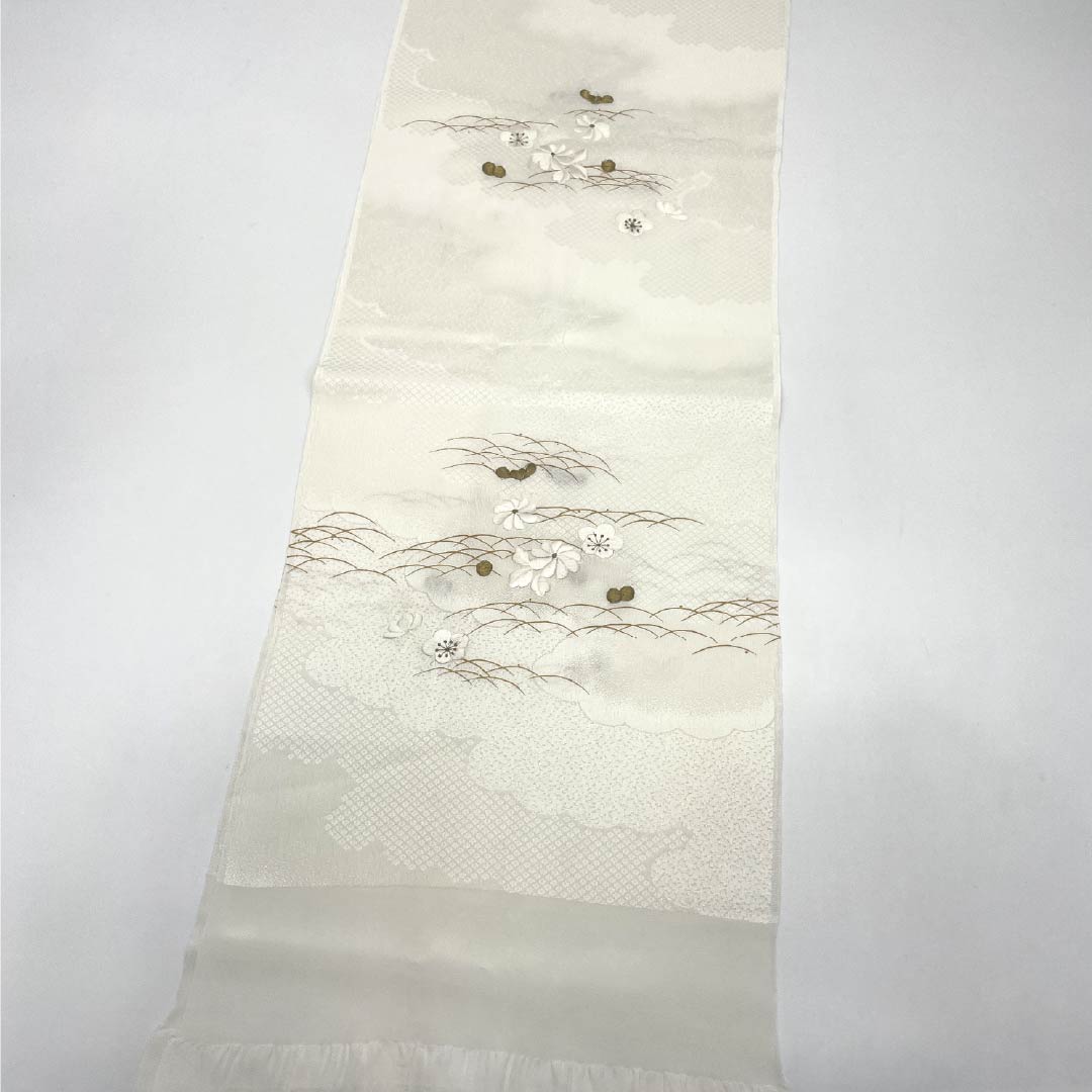 Obiage Silk S-rank Formal Milky white For Kurotomesode Dewy grass Plum Length approx. 173cm Width approx. 29cm White 1136002582911