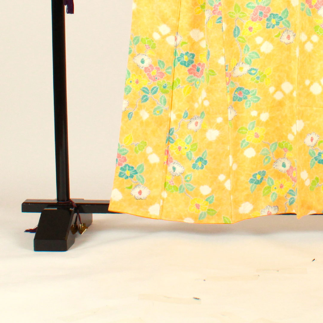 Komon, Length 159cm, Sleeve length 63cm, Awase, Shibori, Floral pattern, Pure silk, B rank, Yellow, 1115001924323