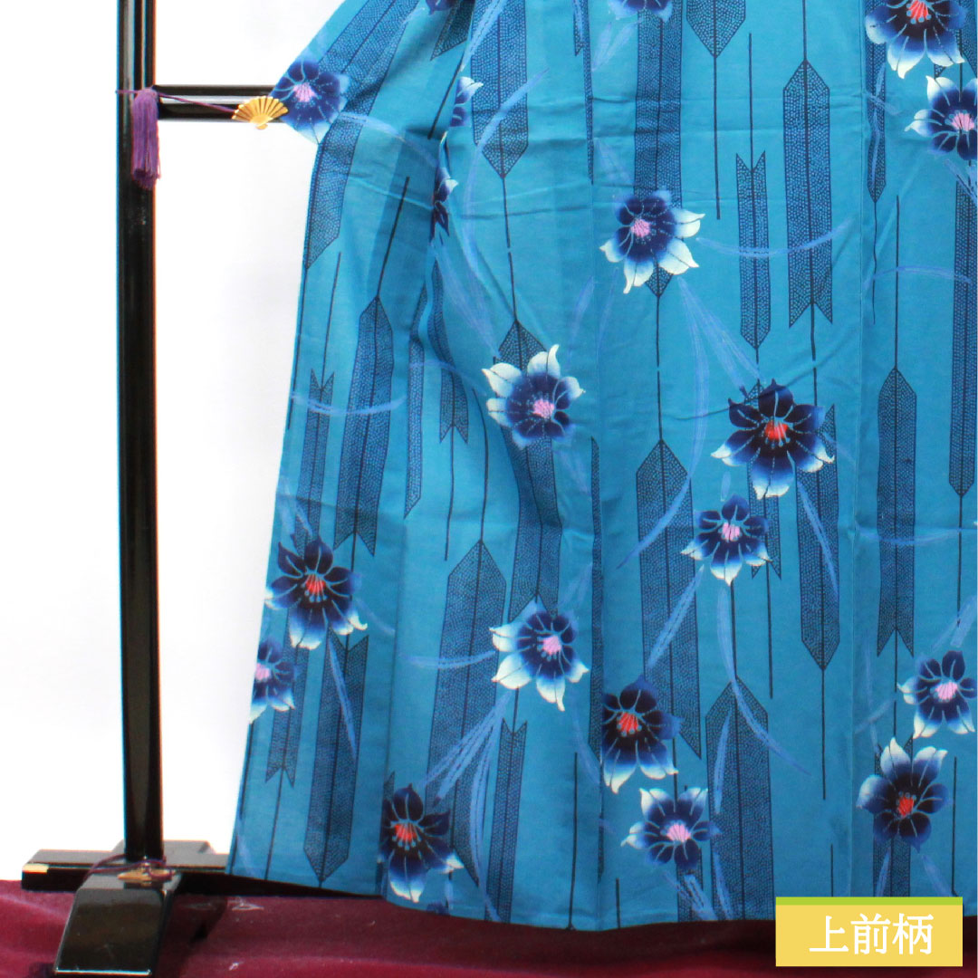 Yukata Cotton Length 162.5cm Sleeve length 65.5cm S rank Single layer Blue Mashana color Arrow feather Abstract flower 1118004822417