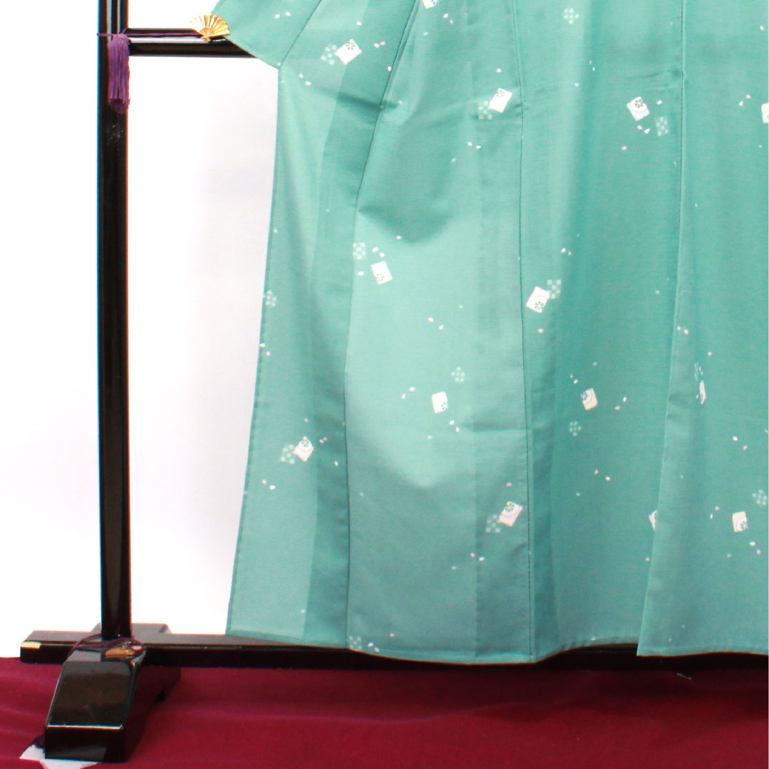 Summer kimono, polyester, small pattern, length 158.5cm, sleeve length 62cm, flower green-blue color, washable kimono, cherry blossom petals, silk, S rank, green, 1132001692319