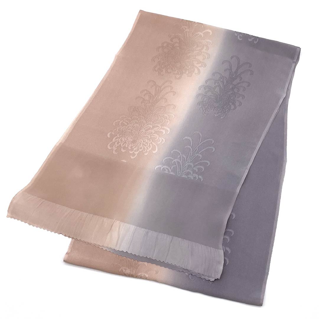 S-Rank Silk Obiage (Sash) - Casual Style - Nibumurasaki (Dust Purple) and Bokeiro (Lovely Color) - Two-Tone Design with Thread Chrysanthemum Design - Length: Approx. 180cm, Width: Approx. 28.5cm, Gray Tones - Product Number: 1136001842922