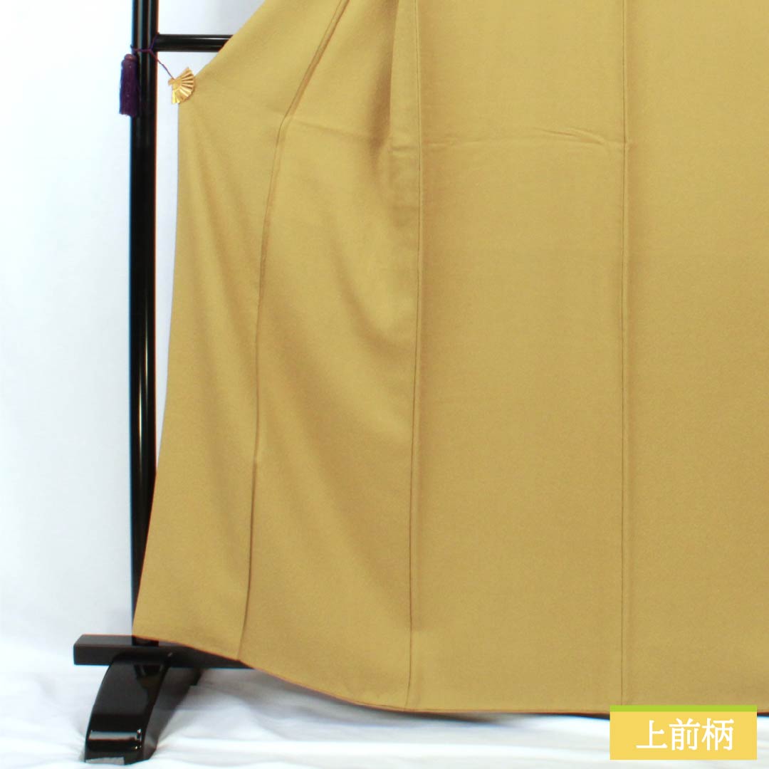 Solid-colored silk kimono, A-rank, length 161.5cm, sleeve length 64.5cm, karakane-iro (karakane-iro) color, circle with four squares, one crest, shark-skin pattern, lined, yellow, 1114002613423