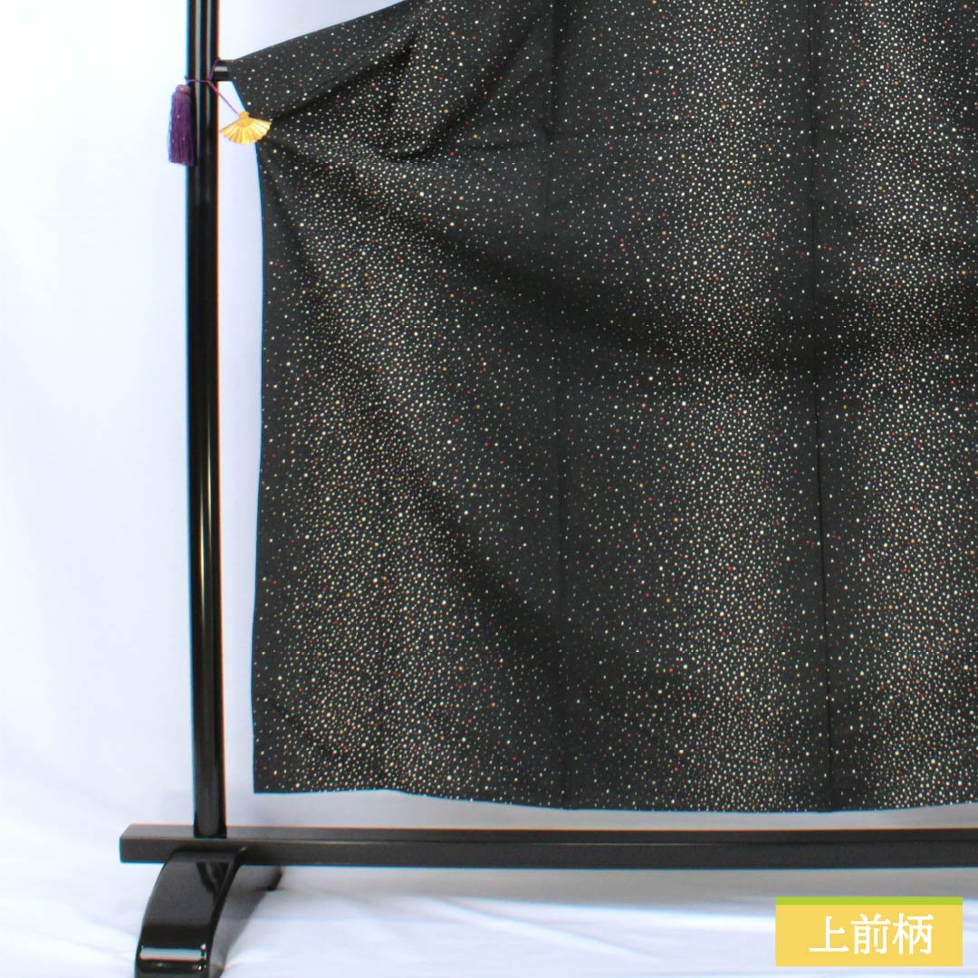 小紋 ポリエステル Sランク 身丈160cm 裄丈62.5cm 単衣 タタキ染 洗える着物 黒系 1115008042410